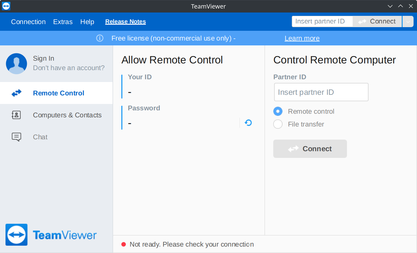 Screenshot of TeamViewer in the 'Not ready' state.