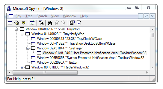 Spy++ Window Showing Notification Area Toolbar