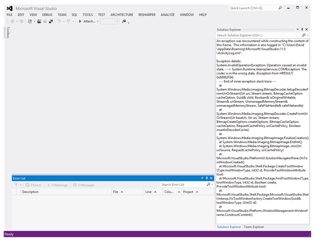 Screenshot of Visual Studio 2012 Error