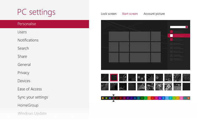 Screenshot of Windows 8 Personalisation Settings